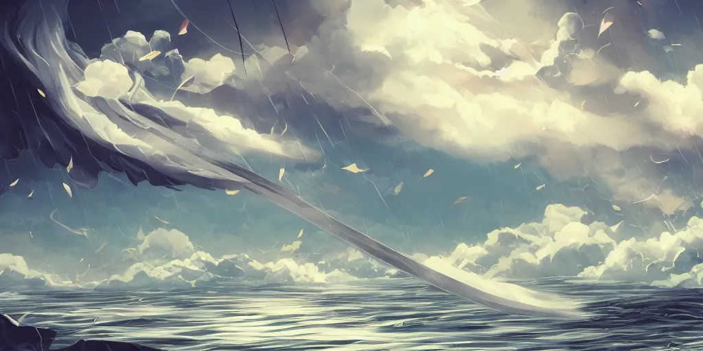 Image similar to background art of flying longswords flowing through the slicing through directional wind on a simple cloudy sky background featuring an enormous tsunami, big puffy clouds, sharp rain, large rose petals, lotus petals, large polygonal background elements, large polygons, dramatic anime, dramatic lighting, artgerm, manga, trending on artstation, art nouveau, mature colors