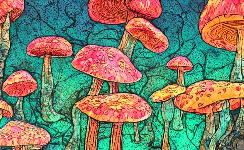 Image similar to hyperdetailed mushrooms, seen from the distance at night. in a wood made of paper and unexpected interesting fabric elements. 8 x 1 6 k hd mixed media 3 d collage in the style of a childrenbook illustration in pastel neon tones. shiny matte background no frame hd