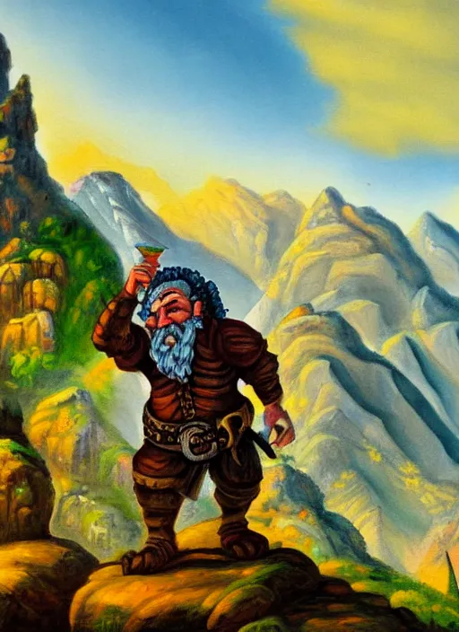 Image similar to A detailed painting of a fantasy dwarf, mountains in background, neo-rococo expressionist style