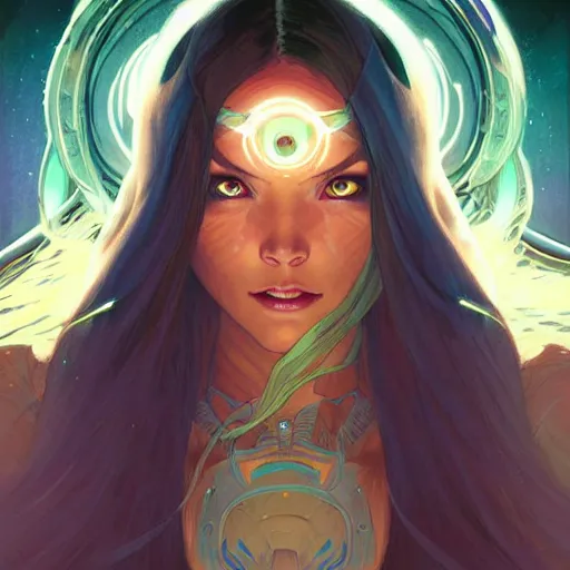 Image similar to cyborg, female, fantasy, bioluminiscence, flowing hair, highly detailed, digital painting, beautiful eyes, symmetry, concept art, sharp focus, illustration, art by artgerm and greg rutkowski and magali villeneuve and ilya kuvshinov! : : alphonse mucha : : - 0. 2