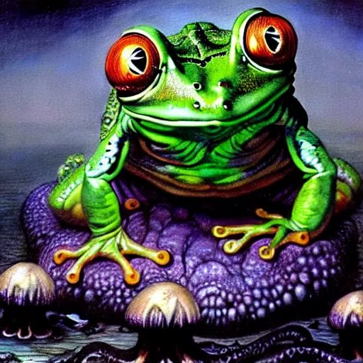 Prompt: cthulhu demon cosmic horror frog sitting on mushroom, full body, hyper realistic, extremely detailed, dnd character art portrait, dark fantasy art, intricate fantasy painting, dramatic lighting, vivid colors, deviantart, artstation, by edgar maxence and caravaggio and michael whelan and delacroix, lovecraft and greg rutkowski, luis royo and wayne barlowe