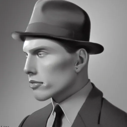 Image similar to A photograph portrait of Jerma985 wearing a suit with and fedora in the 1940s, taken in the early 1940s, grainy, taken on a 940s Kodak Camera, realistic, hyperrealistic, very realistic, highly detailed, very detailed, extremely detailed, detailed, digital art, trending on artstation