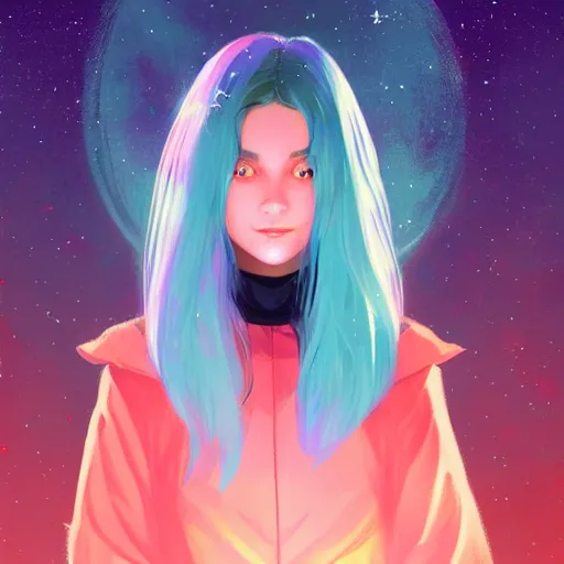 Image similar to a young woman with a starry cloak, aurora colored hair, curious expression, character art, full body art, trending on artstation, artgerm, 4k ultra hd, sharp focus, digital art by Ilya Kuvshinov and Ross Tran,