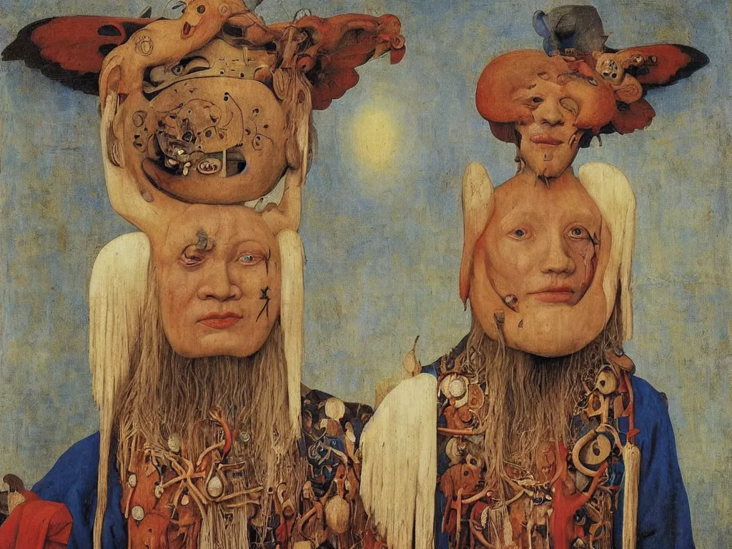 Image similar to Portrait of albino mystic with blue eyes, with wooden old shamanic totemic Oceanian archaic mask, sculpture. Painting by Bosch, Jan van Eyck, Audubon, Rene Magritte, Agnes Pelton, Max Ernst, Walton Ford