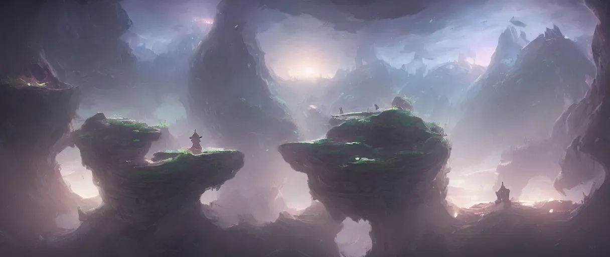 Image similar to floating islands in void concept art, low angle, cinematic, style of Jordan grimmer