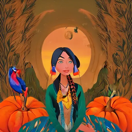 Prompt: pocahontas dressed with peacock clothes, black hair, green sunset, howl and pumpkin next to main character, vibrant palette, trending on artstation