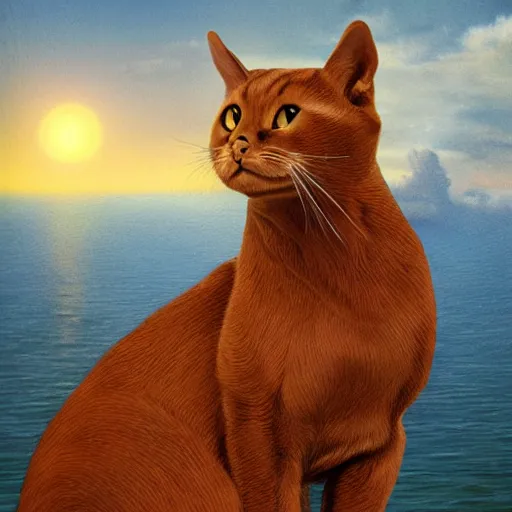 Image similar to sci - fi art of a brown cat by the sea