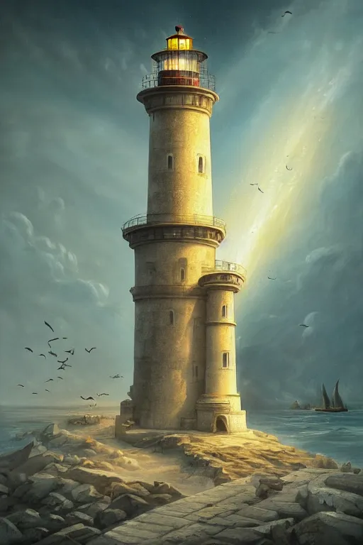 Prompt: Detailed Exterior Shot of The Lighthouse of Alexandria, light of god, light shafts, flock of birds, stunning atmosphere, in Style of Peter Mohrbacher, cinematic lighting