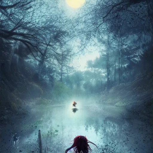 Image similar to goth woman in a moonlight view, in a forest, a river, tankoban, 4 k, tone mapping, akihiko yoshida, james jean andrei riabovitchev marc simonetti, yoshitaka amano, long hair, curly, h. hydrochaeri