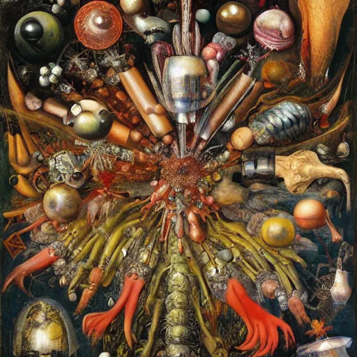 Image similar to an oil painting by arcimboldo, by georgia o keeffe, by botticelli, by giger, by frank frazetta, by gustave moreau, by seurat, seen through a kaleidoscope, vanity, broken, nerve system, medical, jewels, nebula, space, tonalism, merged