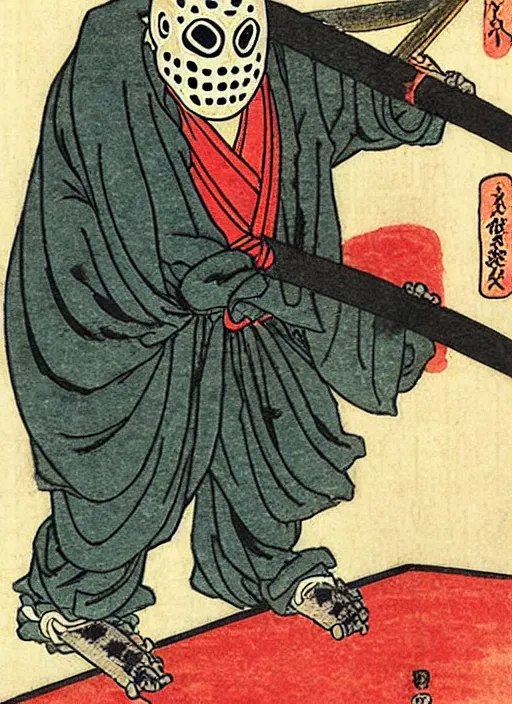 Prompt: jason voorhees as a yokai illustrated by kawanabe kyosai and toriyama sekien