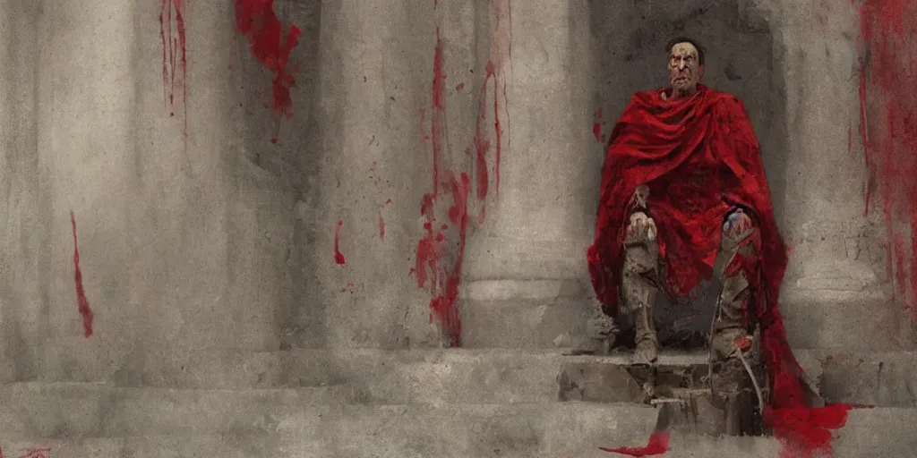 Image similar to the end is near. a tired julius caesar is sitting on his throne. face is highly detailed. splices of red are running down his toga. mist. color scheme red. low angle medium shot. imagined by jeremy lipking