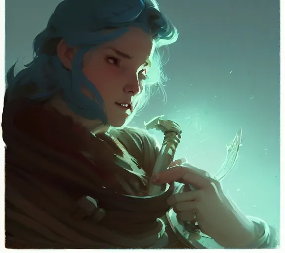 Image similar to portrait of bard, d & d, fantasy, medium shot, asymmetrical, matte painting, illustration, hearthstone, by atey ghailan, by greg rutkowski, by greg tocchini, by james gilleard, by joe fenton, by kaethe butcher, dynamic lighting, gradient light blue, brown, blonde cream and white color scheme, grunge aesthetic