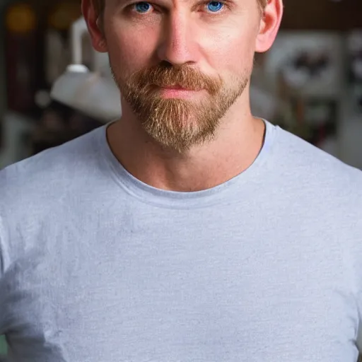 Image similar to full face color photograph of a 40 year old very handsome white man with short, curly, light blond hair and very small slanted blue eyes, dressed in a white t shirt, gray shorts and black socks, with a small mole to the right of his very thin lips, with a straight nose and blond stubble on his oval face, and an earring in the left ear. He resembles a lion.