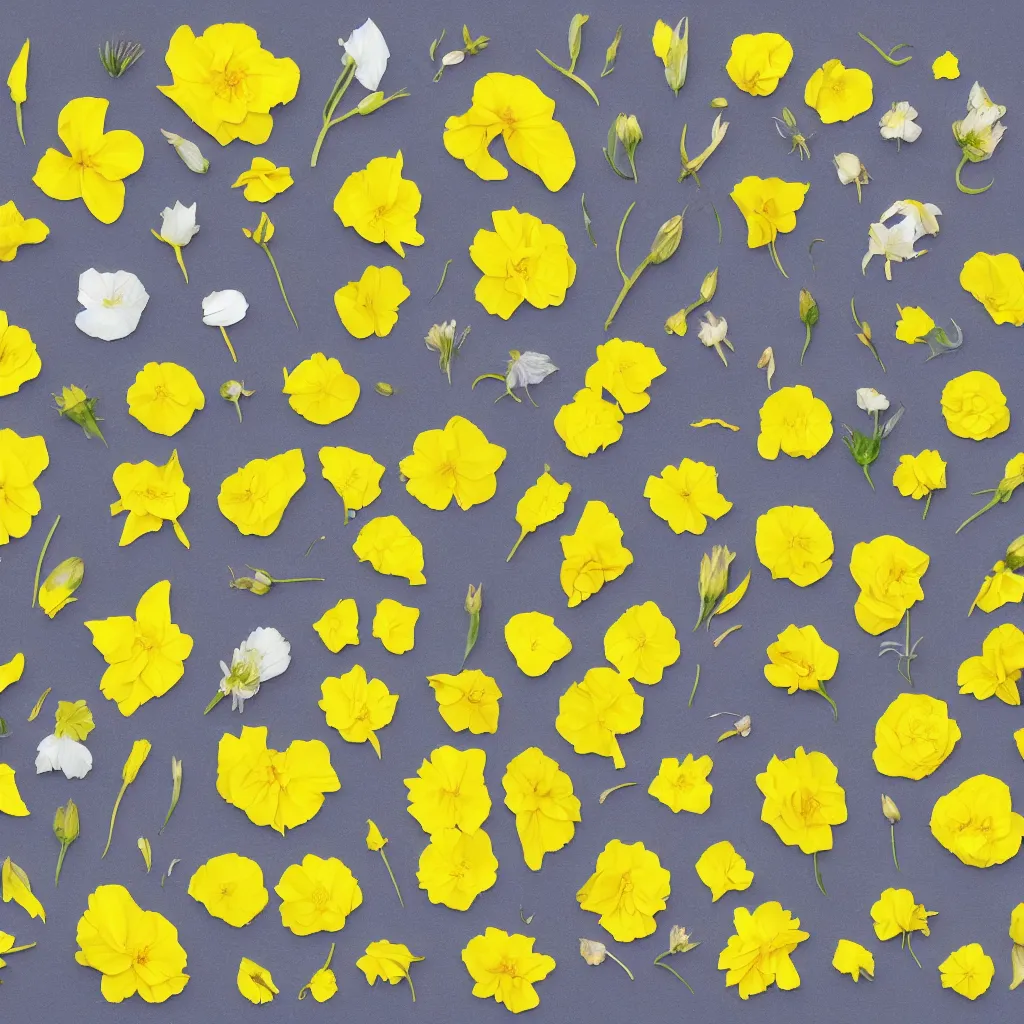 Image similar to various kinds of separate yellow flower petals, botanical illustration, white background, 8 k