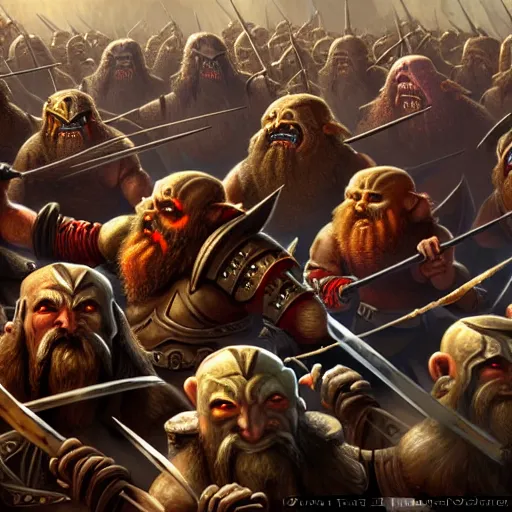 Image similar to painting of a single dwarven berserker facing a crew of crazy goblin warriors in deadly combat on a gladiator pit, sharp focus, high symmetry, award - winning, trending on artstation, masterpiece, highly detailed, intricate. art by mark tedin