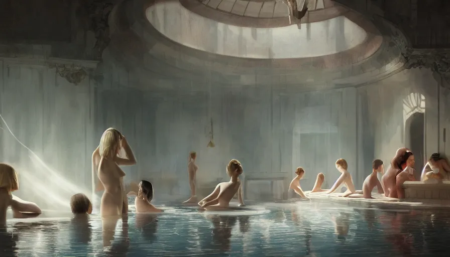 Image similar to bathhouse, women in towels, spa, light, shadows, reflections, epic composition, intricate, elegant, volumetric lighting, digital painting, highly detailed, artstation, sharp focus, illustration, concept art, wlop, artgerm, ruan jia, steve mccurry