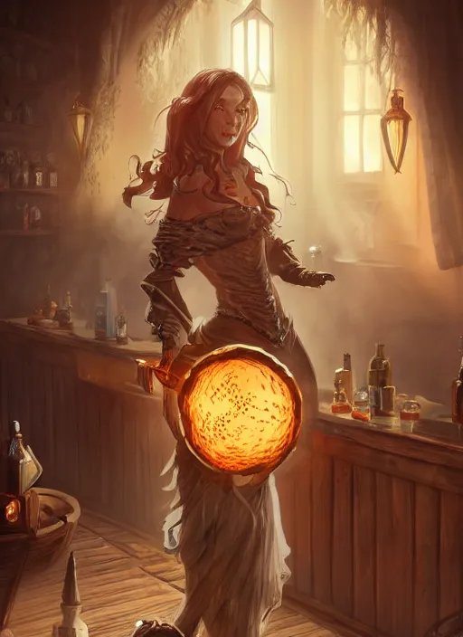 Image similar to barkeep tavern lady ultra detailed fantasy, elden ring, realistic, dnd character portrait, full body, dnd, rpg, lotr game design fanart by concept art, behance hd, artstation, deviantart, global illumination radiating a glowing aura global illumination ray tracing hdr render in unreal engine 5