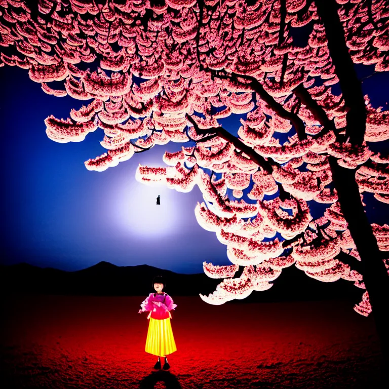 Prompt: a dramatic colorful fujifilm photograph of the silhouette of a young japanese girl standing on the surface of the moon. There are paper lanterns and a blossoming ornamental cherry tree.