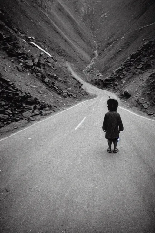 Image similar to photo polaroid of a sad and lonely child in the middle of a mountain road , Nepal,Himalayas, loneliness,,tahr , black and white ,photorealistic, 35mm film,