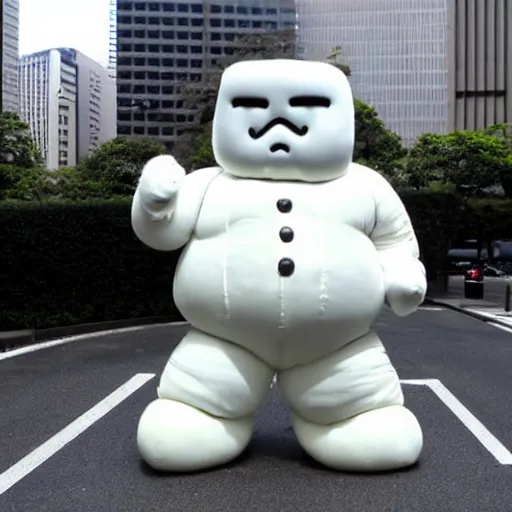 Prompt: sta puft marshmallow man in downtown tokyo,