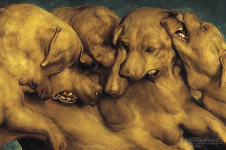 Image similar to hyperdetailed matte art of a three headed dog cerberus by william blake, ilya repin, amano, rene magritte, craig mullins, three headed dog cerberus, details