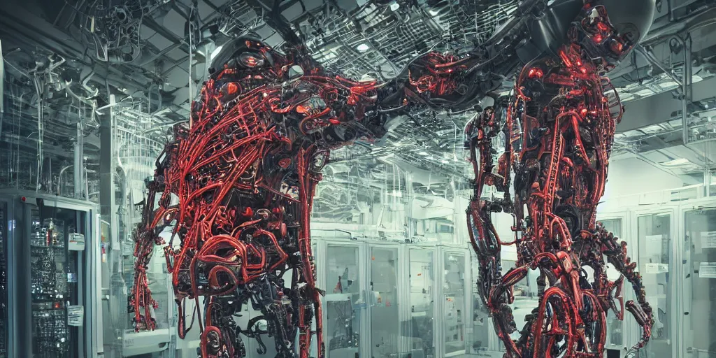 Image similar to cyborg in the data center, wired to the equipmen, red biomechanical details, wearing epic bionic cyborg implants, inflateble shapes, masterpiece, intricate, biopunk, highly detailed, artstation, concept art, cottage core, cinematic focus, polaroid photo, bleached, vintage, high - key lighting, soft lights, foggy, by tarkovsky, 8 k