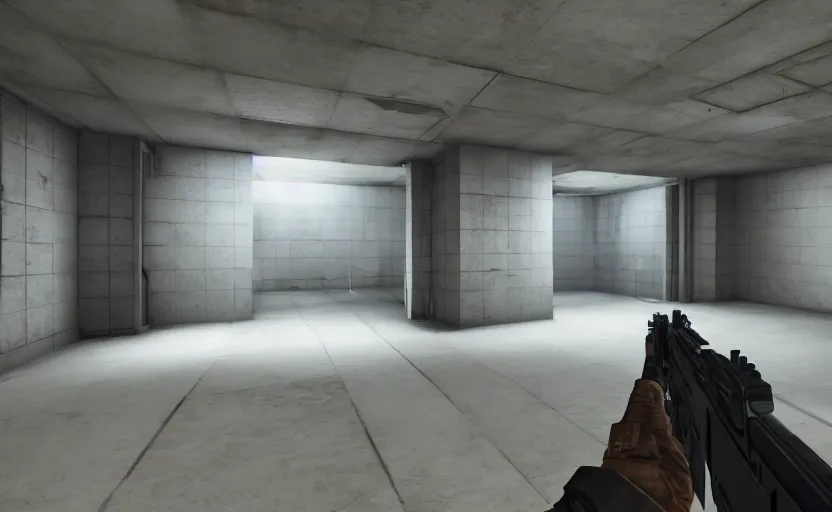 Image similar to in - game screenshot of a first person shooter on unreal engine 5, narrow modern hallways of a secret government facility, white dry wall, photorealistic, liminal, brutalism, minimalism, soft vintage glow