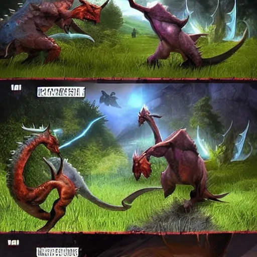 Image similar to stuff about a realistic mmorpg dino / creatures fighting game. right next to our house is the most difficult and scary area. our house is like a bank 🏦 with those pillars. later on we talk about it like its some multiplayer discord lucid dreaming mmorpg, digital art