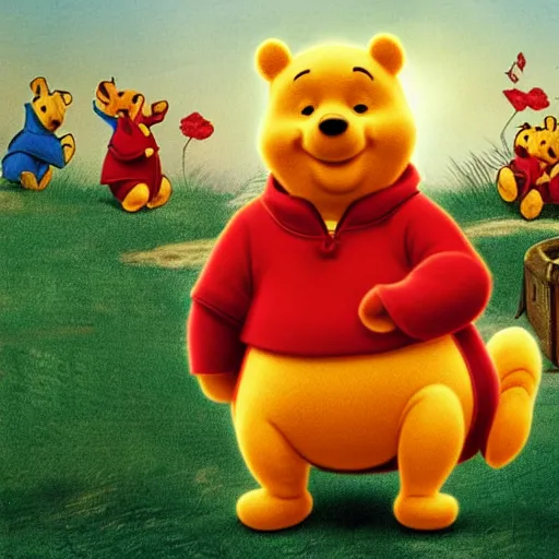 Image similar to an award winning cinematic still of Xi Jinping as Winnie the Pooh, 16k photograph