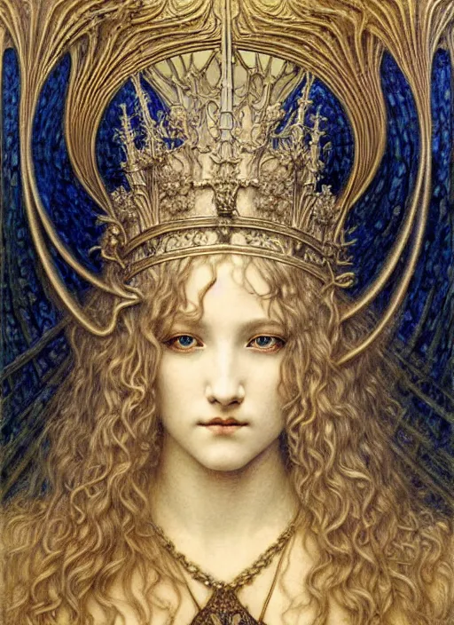 Image similar to detailed realistic beautiful young medieval queen face portrait by jean delville, gustave dore and marco mazzoni, art nouveau, symbolist, visionary, gothic, pre - raphaelite. horizontal symmetry