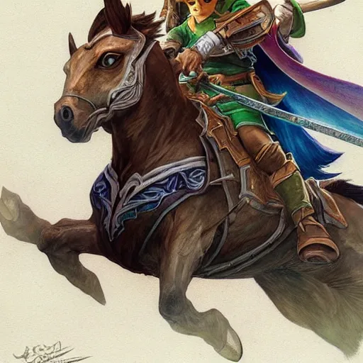 Image similar to Link from Ocarina of Time, riding a majestic horse through The lost woods of Hyrule, D&D, fantasy, intricate, elegant, highly detailed, digital painting, artstation, concept art, matte, sharp focus, illustration, art by Artgerm and Greg Rutkowski and Alphonse Mucha