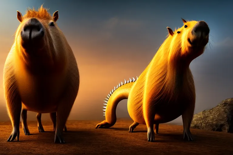 Image similar to two animals : a capybara and a huge dragon, many details, high quality, 8 k