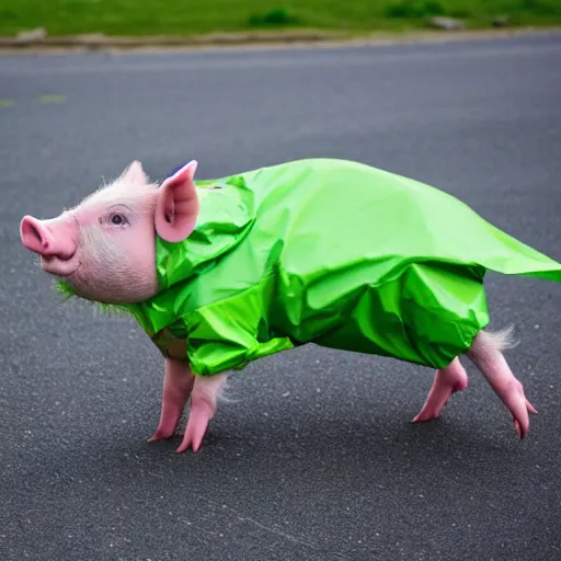 Image similar to photograph of a cute pig walking upright wearing a green dinosaur raincoat