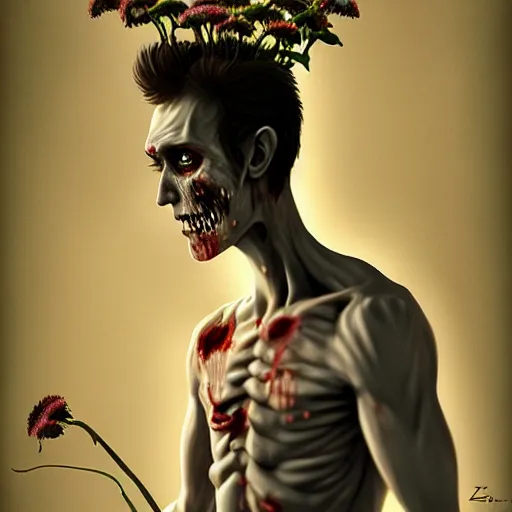 Image similar to skinny morrissey as a zombie with flowers, 7 days to die zombie, fine art, award winning, intricate, elegant, sharp focus, cinematic lighting, rimlight, digital painting, 8 k concept art, art by z. w. gu, art by brom, art by michael hussar, 8 k