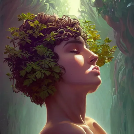 Prompt: surreal beautiful young woman, detailed gorgeous face turning into a tree, leaves, sad eyes, vaporwave aesthetic, synthwave , digital painting, artstation, concept art, smooth, sharp focus, illustration, art by artgerm and greg rutkowski and alphonse mucha