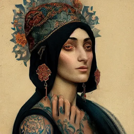 Prompt: “Stunning portrait of ottoman woman with ancient tattoos by Greg Rutkowski and gustav dore, in the style of character art, masterpiece , ultra detailed face and eyes, illustration, epic, ultimate, fantastic, focus shot, soft lighting, 8K Resolution HD, High quality image”