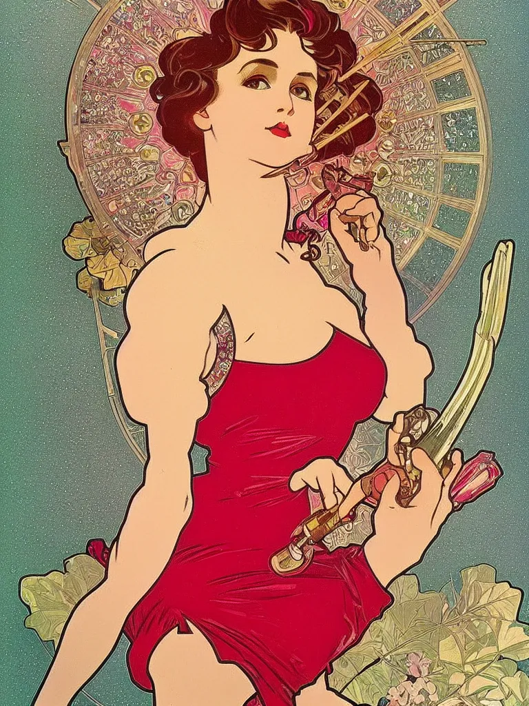 Prompt: Rabbit on a tank Glamourous Beauty Sparkles Glitter Feminine Red Curvy Tank In the style of Alphonse Mucha