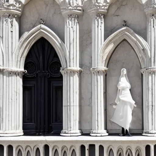 Image similar to architectural shot, no decaying lines, white marble gothic cathedral, alabaster skin, gothic girl dressed in black with macro head face