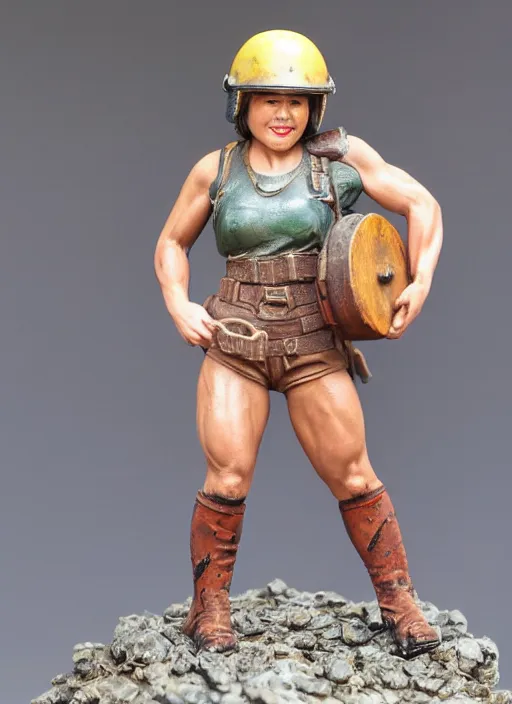 Prompt: 80mm resin detailed miniature of a very Muscular miner woman, sleeveless, helmet, stomach, navel, boots, Logo, textured base; Product Introduction Photos, 4K, view from front