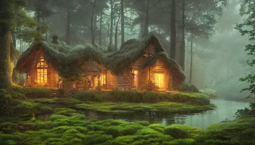 Image similar to A highly detailed matte painting of cottage in a dark forest, by Studio Ghibli, Makoto Shinkai, by Artgerm, by beeple, by Greg Rutkowski, volumetric lighting, octane render, 4K resolution, trending on artstation, masterpiece