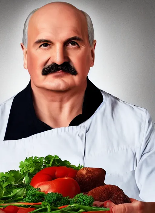 Prompt: digital portrait of a cooking chief looking like alexander lukashenko, photo realism