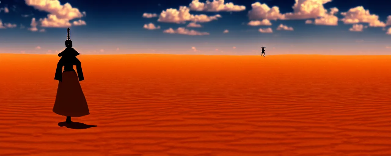 Prompt: vast desert with a lone female samurai walking in the foreground, anime, hd, hdr, 4 k, 8 k