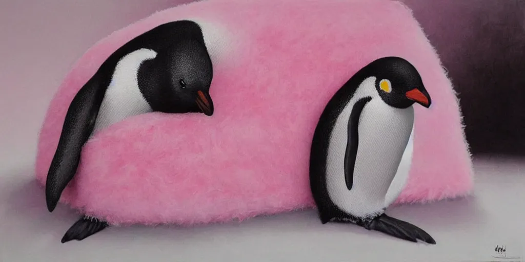 Image similar to realistic penguin sitting in a pink fluffy bed, hyper detailed, trending on artstation