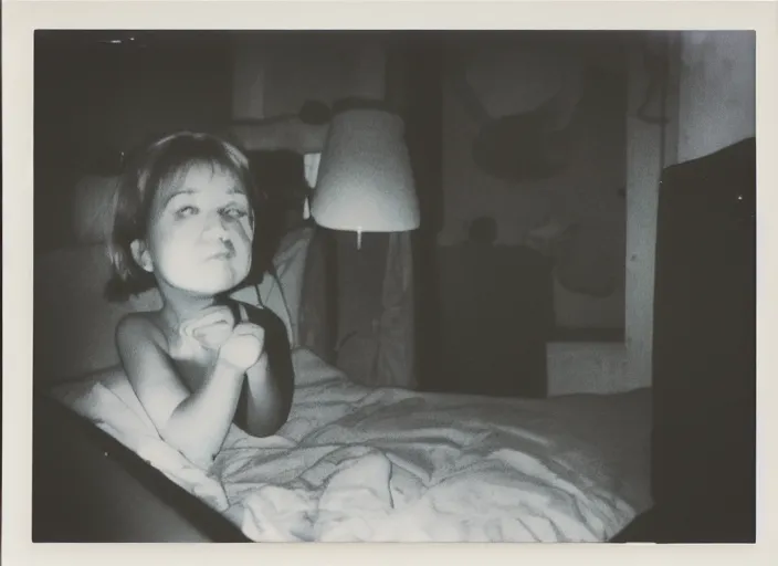 Prompt: 90's Polaroid Photo, Nikon, A girl watching cartoon in her room at night. Summer