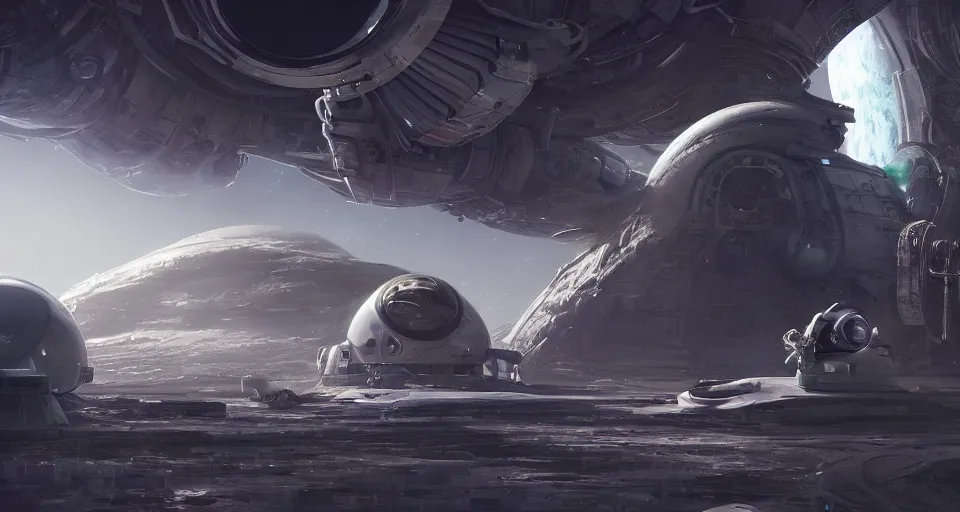 Image similar to The Futuristic Space Habitats on the Moon by Greg Rutkowski, astronauts, satellites in space, hover cars, inspired by Stephan Martiniere and O'Neill Cylinder, fantasy, digital art, professional illustration, realistic, ultra detailed, atmospheric, cinematic lighting, movie concept art, hyper detailed, insanely detailed, corona render, octane render, colorful redshift render, 8k