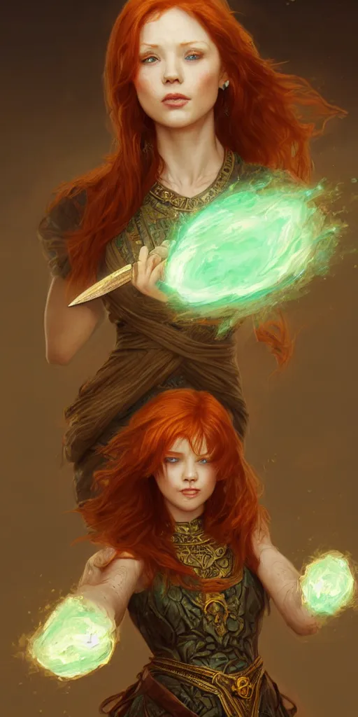 Image similar to ginger girl with problems dringing in an ancien taver and playing with a knife, magic the gathering, ancient, sand, emerald, intricate, highly detailed, digital painting, artstation, concept art, smooth, sharp focus, illustration, Unreal Engine 5, 8K, art by artgerm and greg rutkowski and alphonse mucha