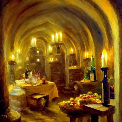 Image similar to wine cellar full of food, torches on the wall, schnapps, painting, Fritz Wagner, Vladimir Volegov, Olga Zakharova