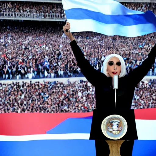 Image similar to Lady Gaga as president, Argentina presidential rally, Argentine flags behind, bokeh, giving a speech, detailed face, Argentina