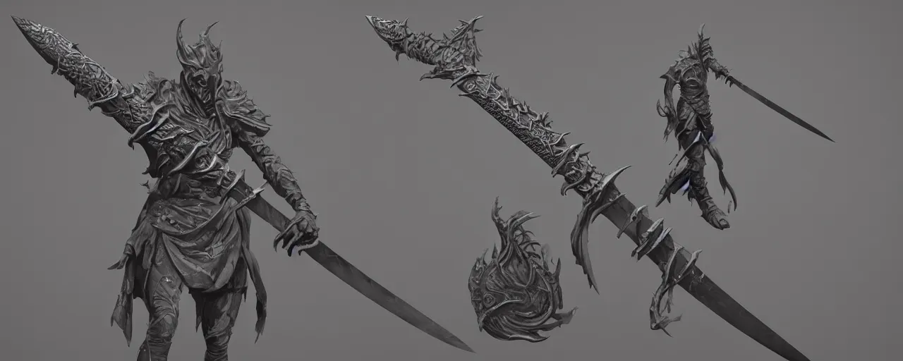 Image similar to sword design, shortsword, substance designer, weapon design, trending on artstation, art by gerald brom, greg rutkowski and artgerm and james jean and zdzisław beksinski, 8 k, unreal engine, c 4 d